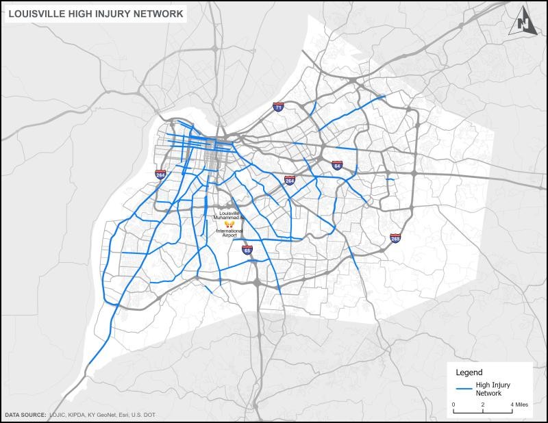 This map details the "high-injury network" across Jefferson County. - Vision Zero Louisville