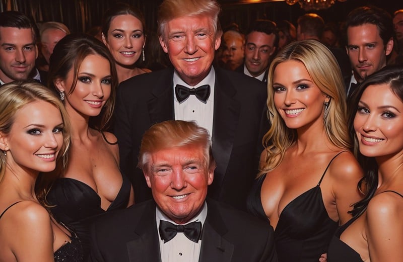 Old man slut with a trophy wife, two ex-wives, a smattering of children between them and a porn star, accuses female presidential candidate of sleeping her way to the top. - starryai