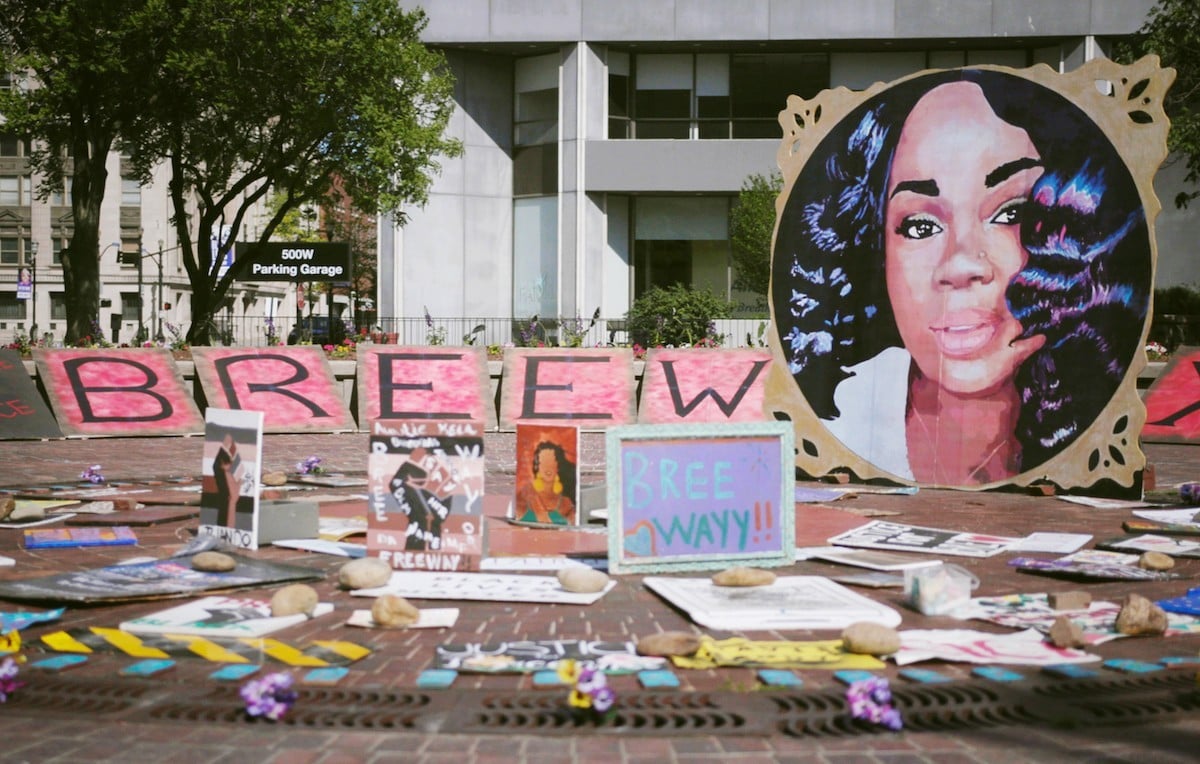 A memorial for Breonna Taylor stands at Jefferson Square Park in Downtown Louisville, Kentucky, on Derby Day, May 1, 2021.