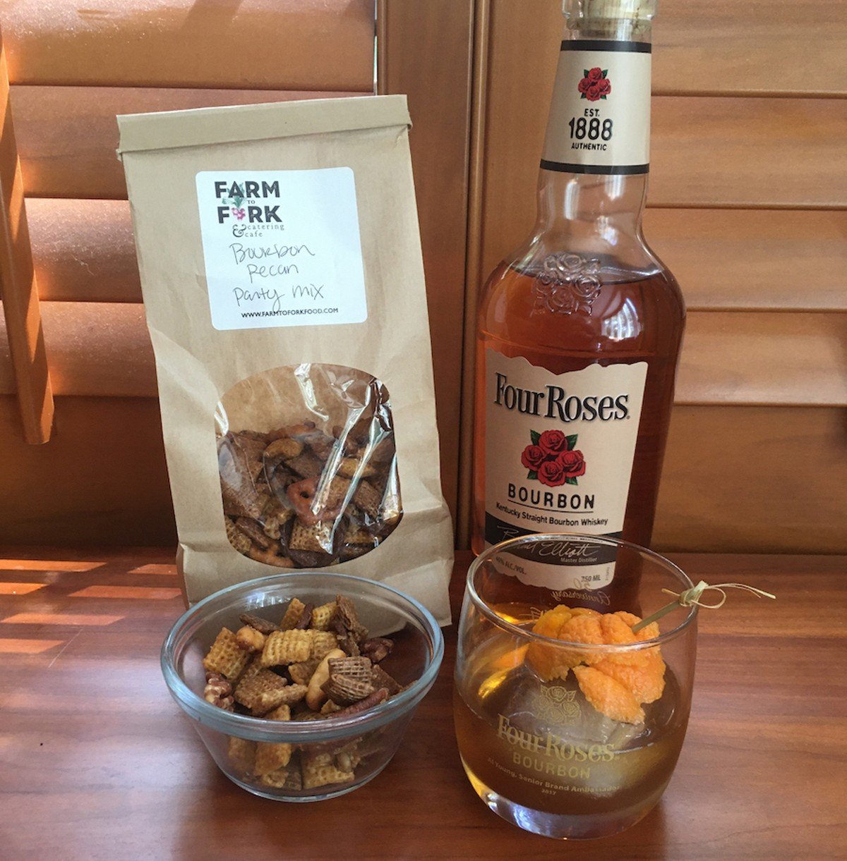 Farm to Fork Catering & Caf&eacute; &#146;s Bourbon Pecan Party Mix is the perfect pairing with Four Roses bourbon because it is itself a &#147;party mix&#148; of mashbills and yeast strain.  |  Photo by Susan Reigler.