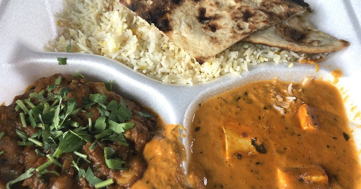 The free veggie lunch at Dakshin offers paneer tikka masala, veggie masala, naan and rice.
